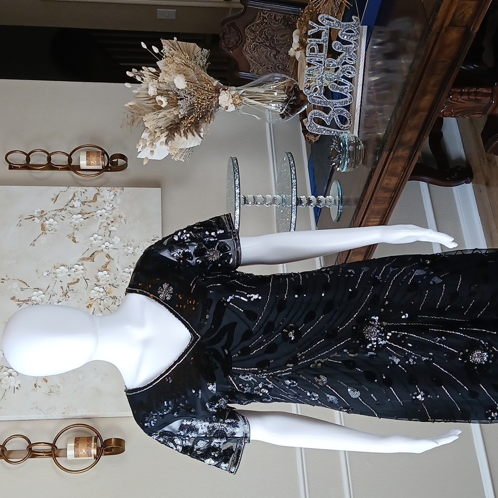 New Black Beaded Gatsby Flapper Cocktail V-neck Dress By Yessa. Size L - Picture 4 of 17